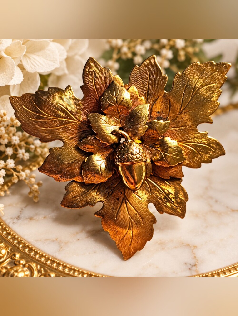 Vintage Oversized Copper-Tone Oak Leaf & Acorn Statement Brooch